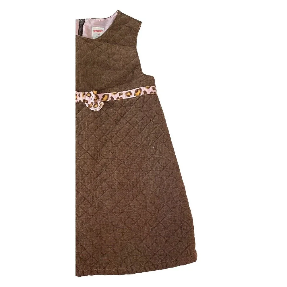 Gymboree Girls 4T Quilted Jumper Dress Brown Pink Leopard Bow Sleeveless￼